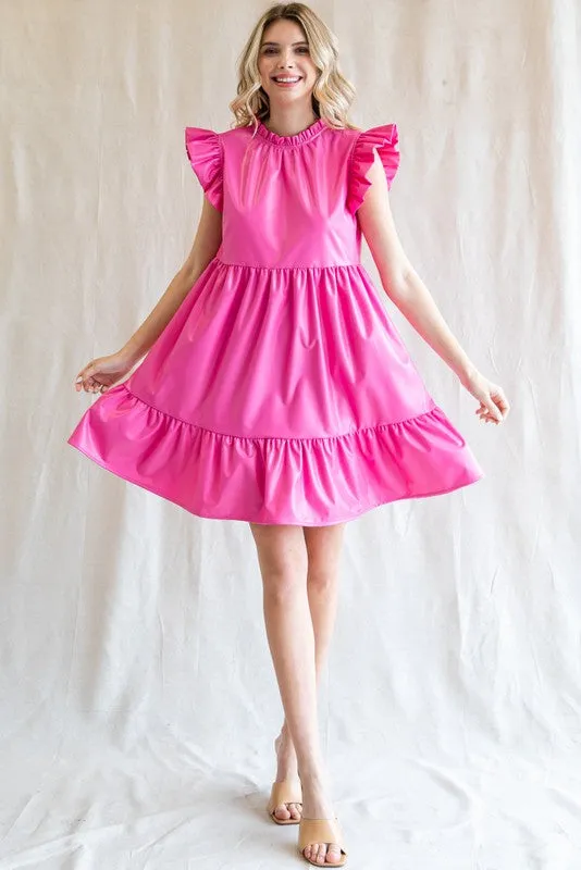 Pink Solid Pleather Ruffled Cap Sleeves Dress