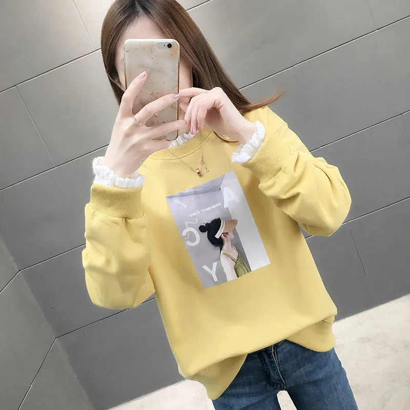 Plus Size Women False Two-Piece Slim Look Sweatshirt Loose Korean Long Sleeved Tops Outerwear