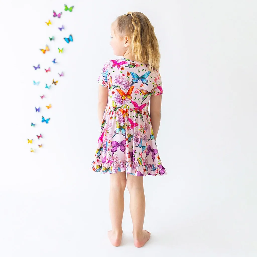 Posh Peanut Watercolor Butterfly Short Sleeve Ruffled Twirl Dress