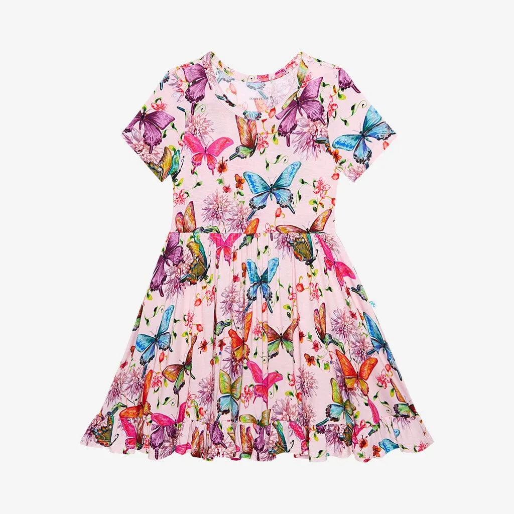 Posh Peanut Watercolor Butterfly Short Sleeve Ruffled Twirl Dress