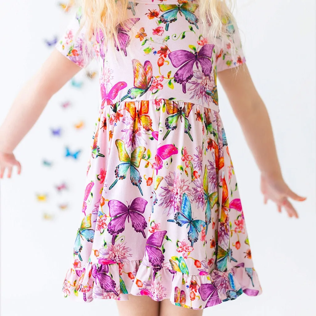 Posh Peanut Watercolor Butterfly Short Sleeve Ruffled Twirl Dress