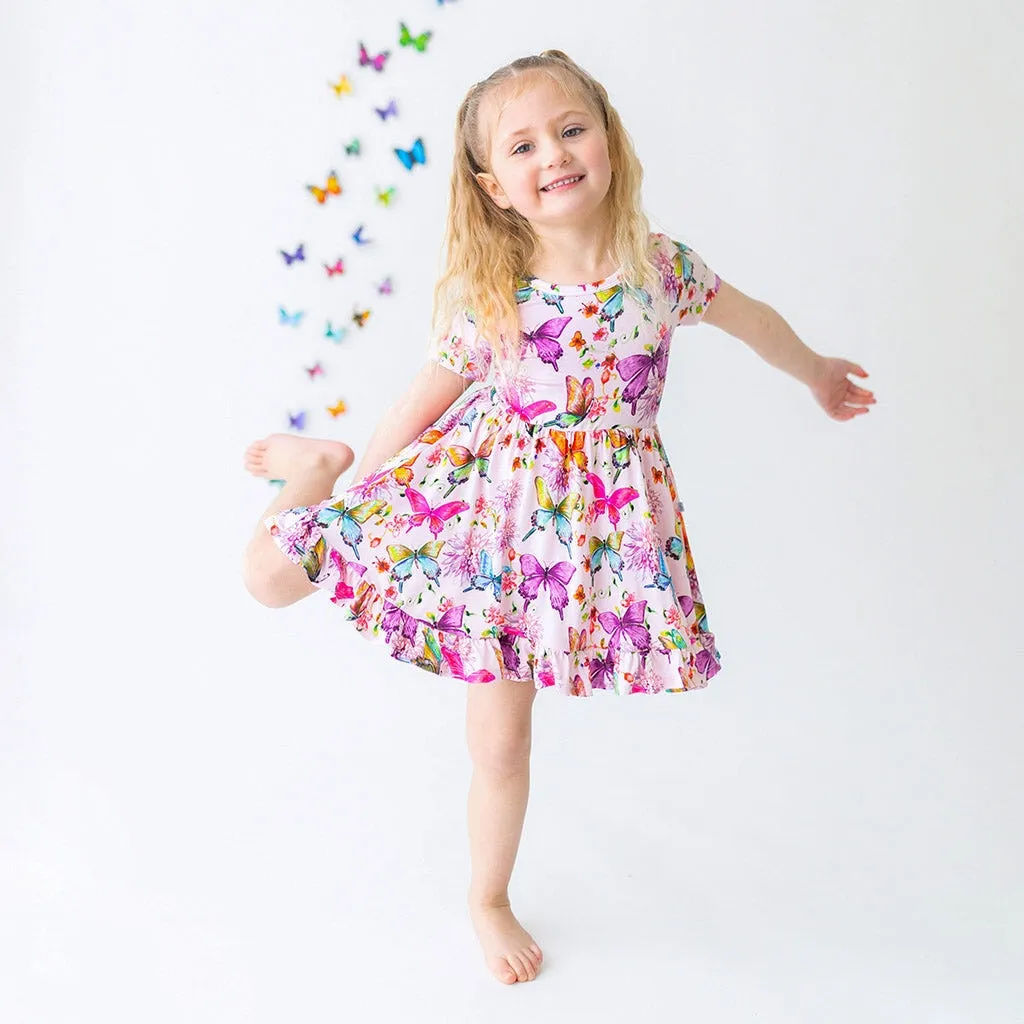 Posh Peanut Watercolor Butterfly Short Sleeve Ruffled Twirl Dress