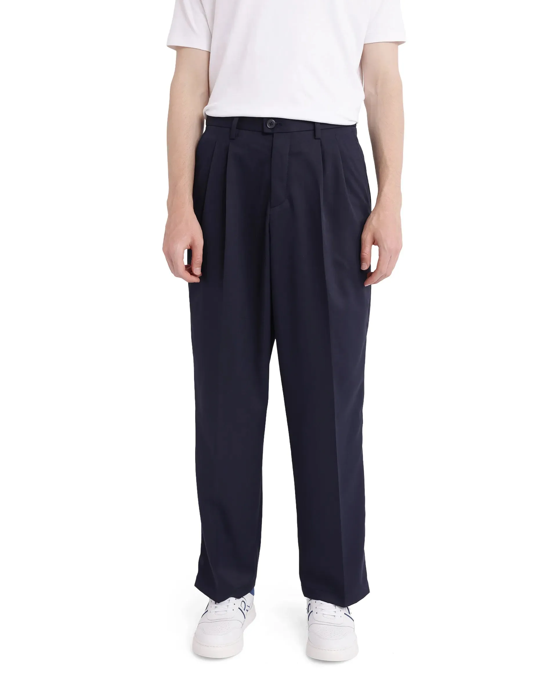 Rare Rabbit Men Enzot Navy Pleated Front Straight Fit Plain Trouser