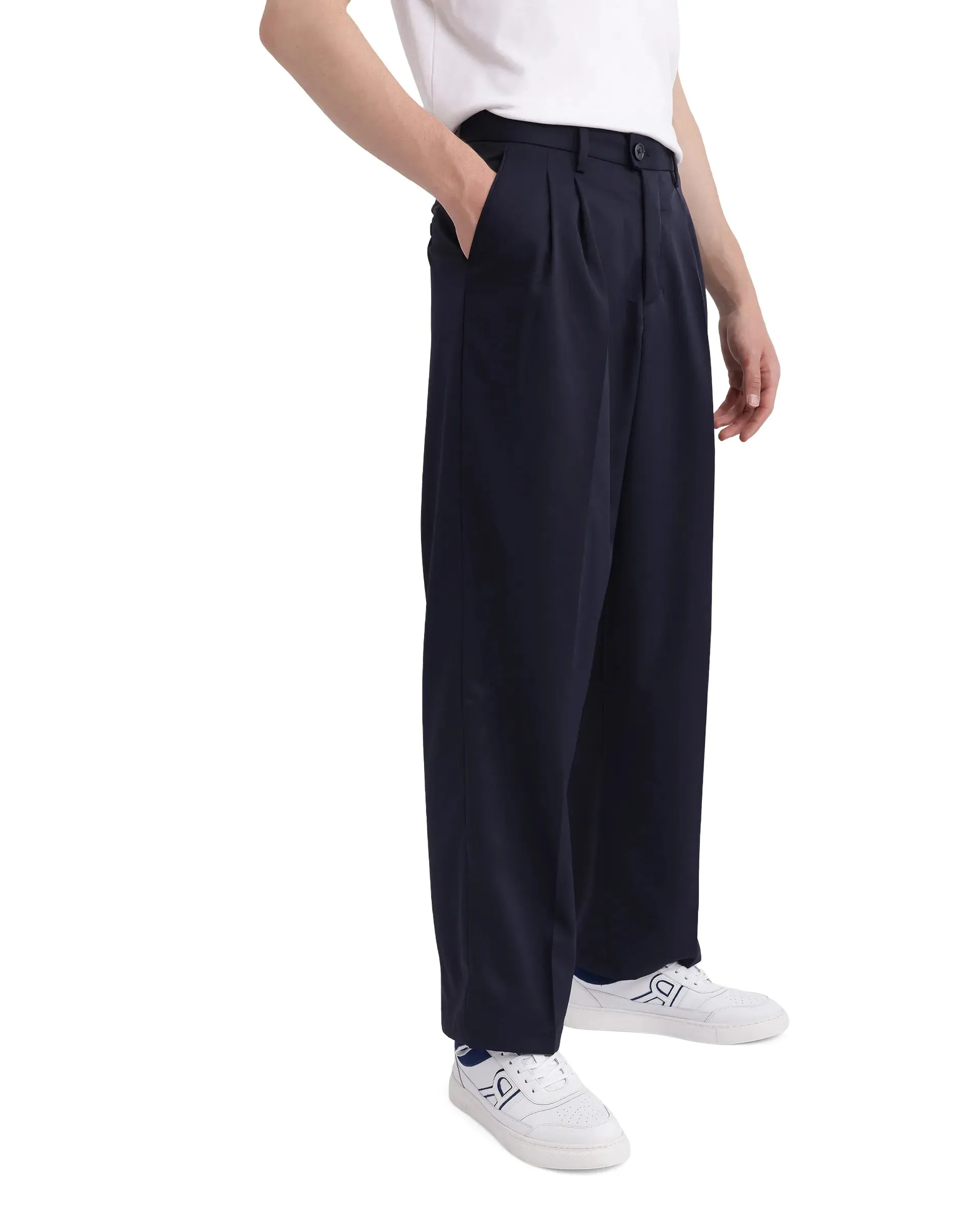 Rare Rabbit Men Enzot Navy Pleated Front Straight Fit Plain Trouser