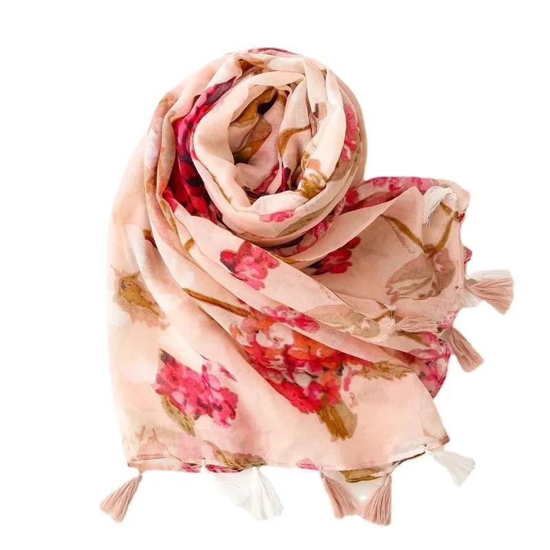 Retro Light Pink Flower Printing Silk Scarf