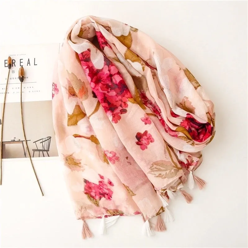 Retro Light Pink Flower Printing Silk Scarf