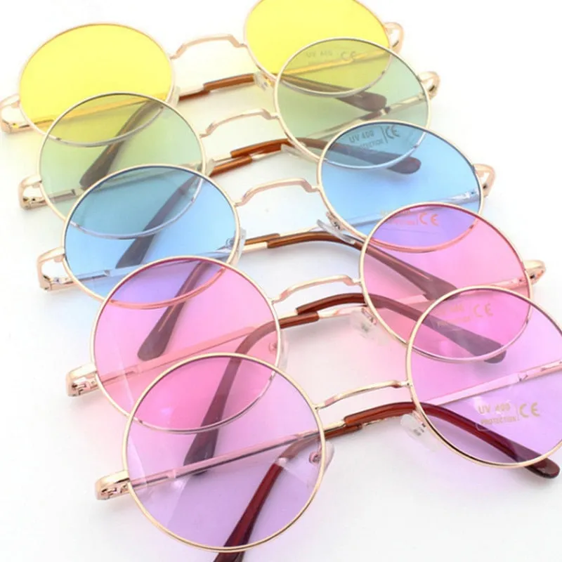 Round Pastel Sunglasses Gold Tone Frames Hippie Festival Sunnies Bohemian Beach Accessory Cool Girl Shades Yellow Green Blue Pink Purple Or Silver