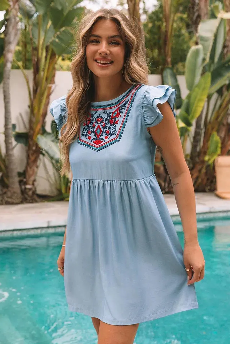 Shop the Latest Floral Embroidered Ruffled Sleeve Mini Dress in Sky-blue