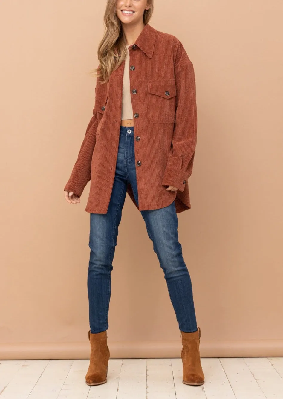 Soft and Cozy Corduroy Shirt Jacket in Rust