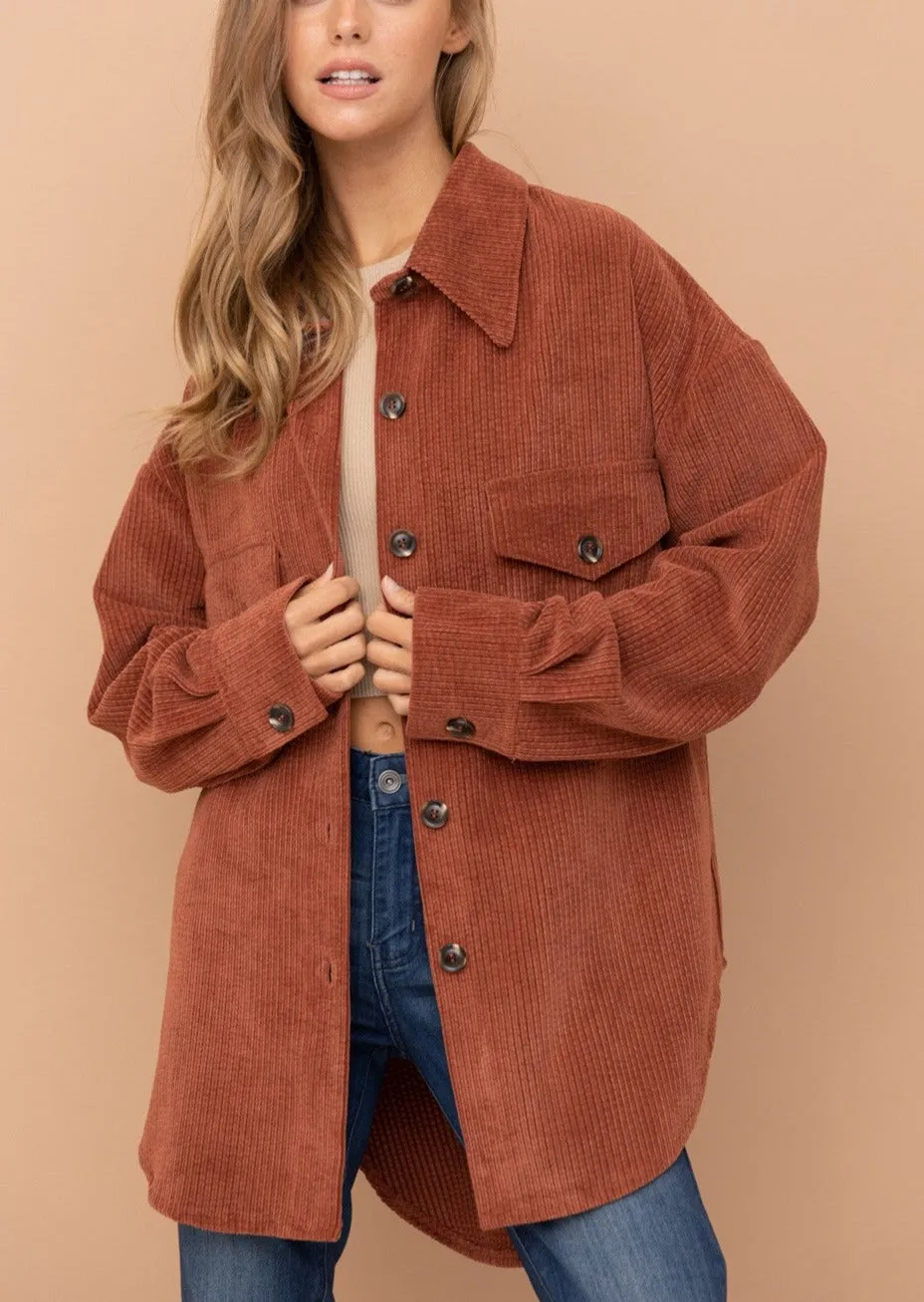 Soft and Cozy Corduroy Shirt Jacket in Rust