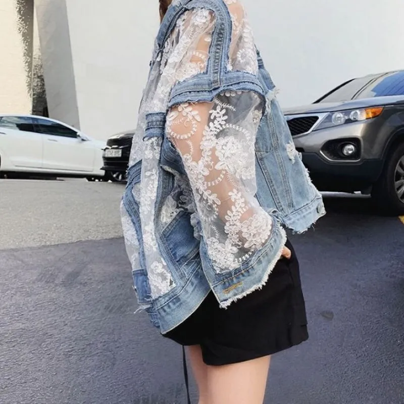 Streetwear Embroidery Lace Patchwork Denim Jacket (Plus Sizes Avail)