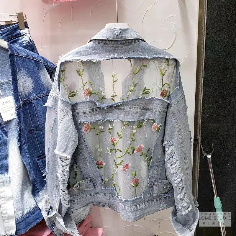 Streetwear Embroidery Lace Patchwork Denim Jacket (Plus Sizes Avail)