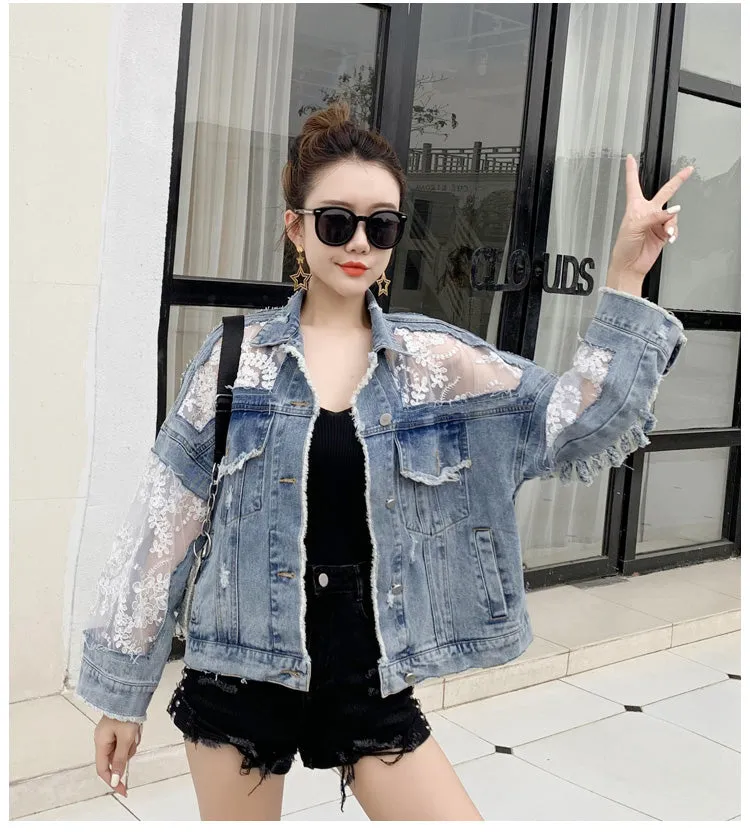 Streetwear Embroidery Lace Patchwork Denim Jacket (Plus Sizes Avail)