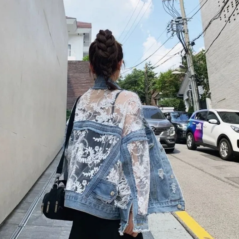 Streetwear Embroidery Lace Patchwork Denim Jacket (Plus Sizes Avail)