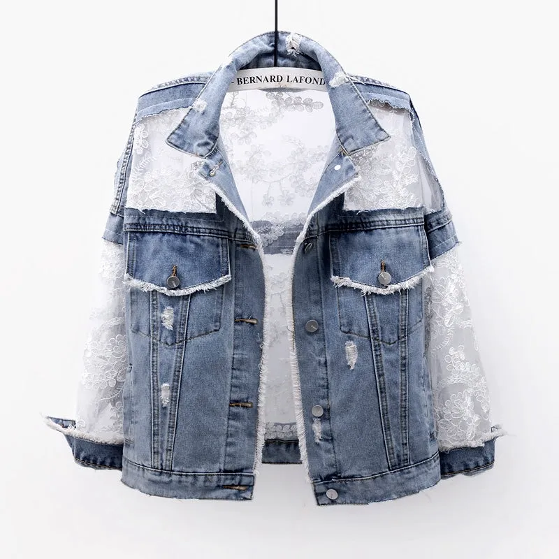 Streetwear Embroidery Lace Patchwork Denim Jacket (Plus Sizes Avail)