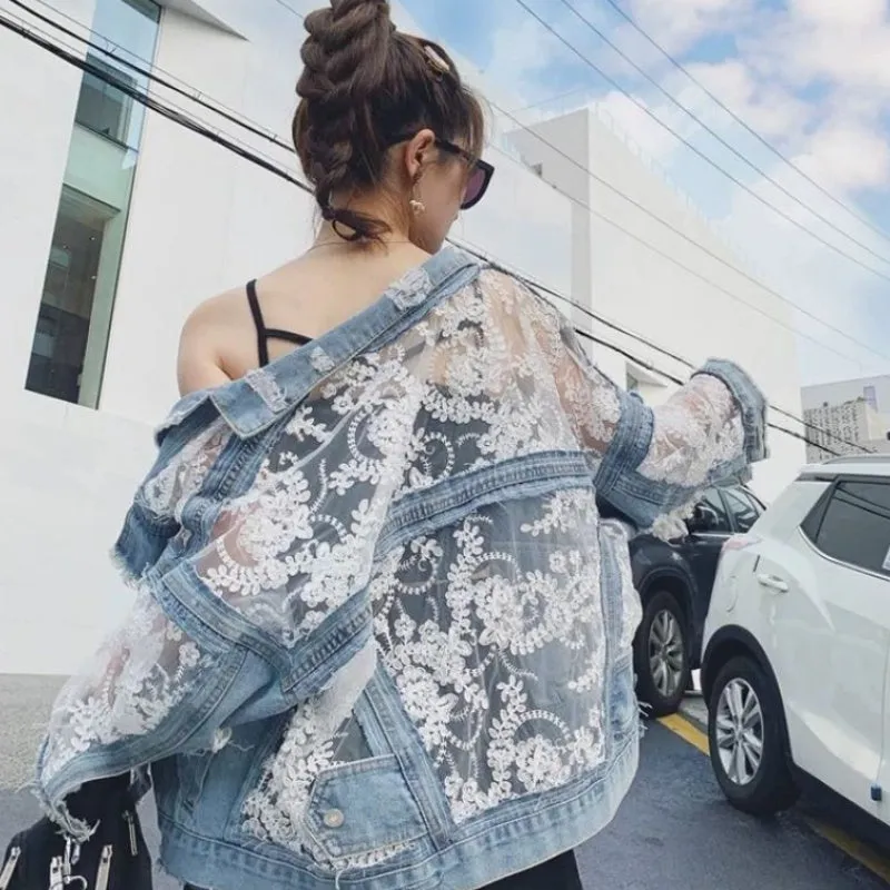 Streetwear Embroidery Lace Patchwork Denim Jacket (Plus Sizes Avail)