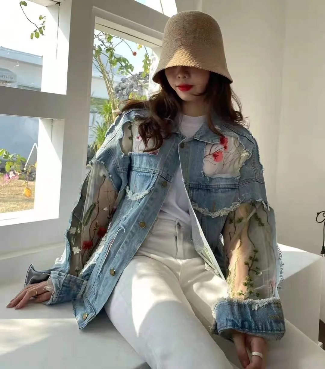 Streetwear Embroidery Lace Patchwork Denim Jacket (Plus Sizes Avail)