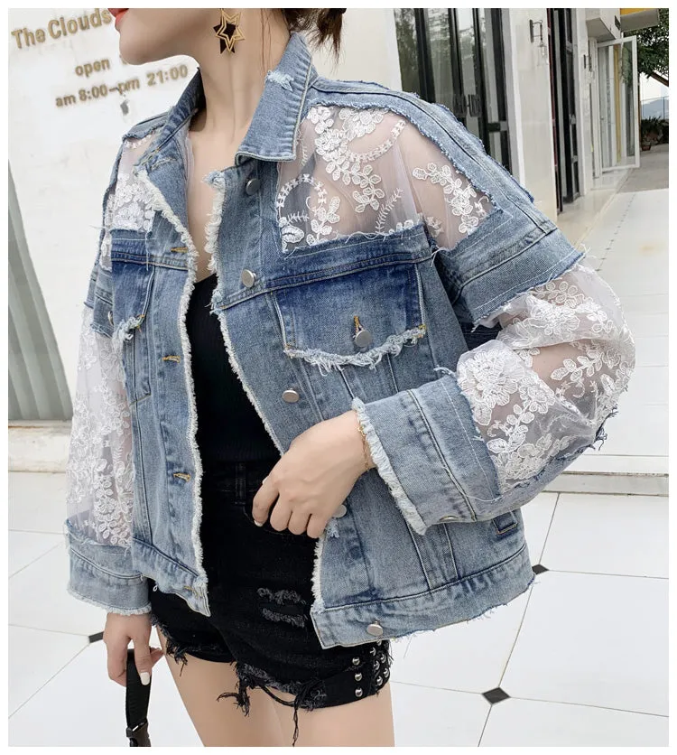 Streetwear Embroidery Lace Patchwork Denim Jacket (Plus Sizes Avail)