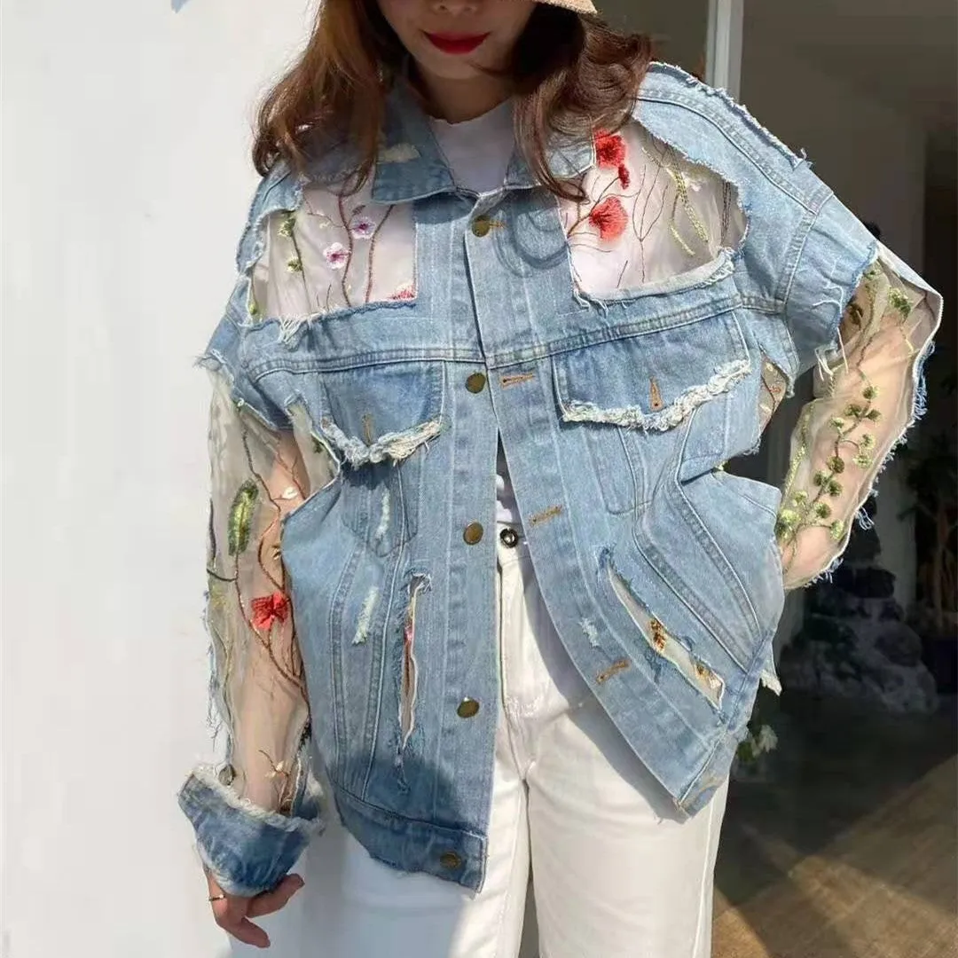 Streetwear Embroidery Lace Patchwork Denim Jacket (Plus Sizes Avail)