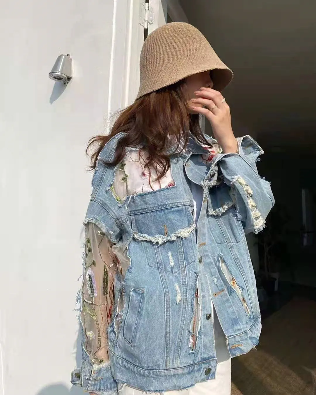 Streetwear Embroidery Lace Patchwork Denim Jacket (Plus Sizes Avail)