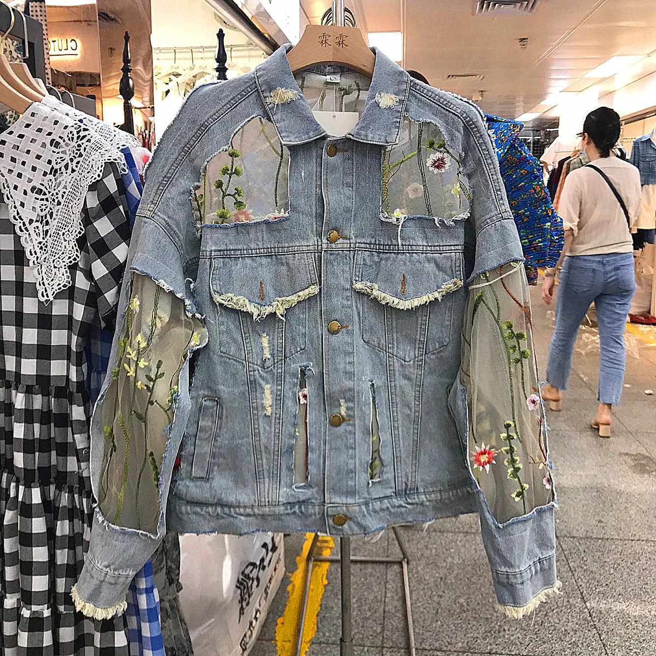 Streetwear Embroidery Lace Patchwork Denim Jacket (Plus Sizes Avail)