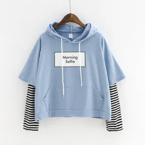 Student False Two-Piece Hooded Pocket Thin Sweatshirt Women Striped Outerwear