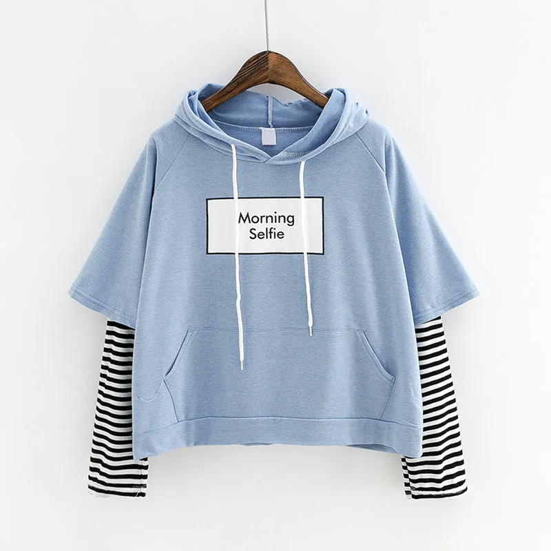 Student False Two-Piece Hooded Pocket Thin Sweatshirt Women Striped Outerwear