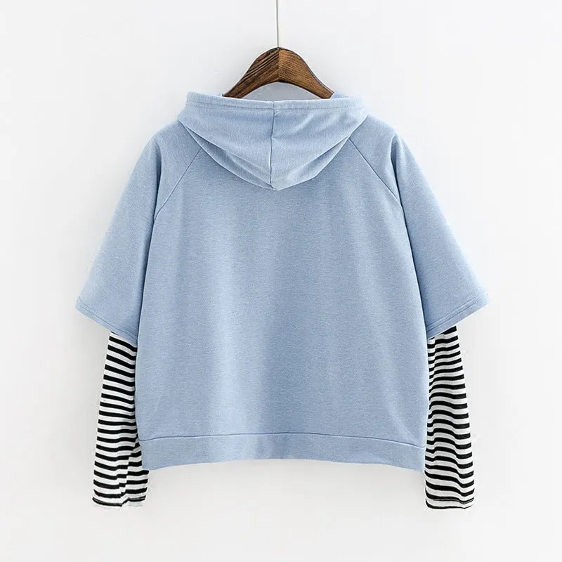 Student False Two-Piece Hooded Pocket Thin Sweatshirt Women Striped Outerwear