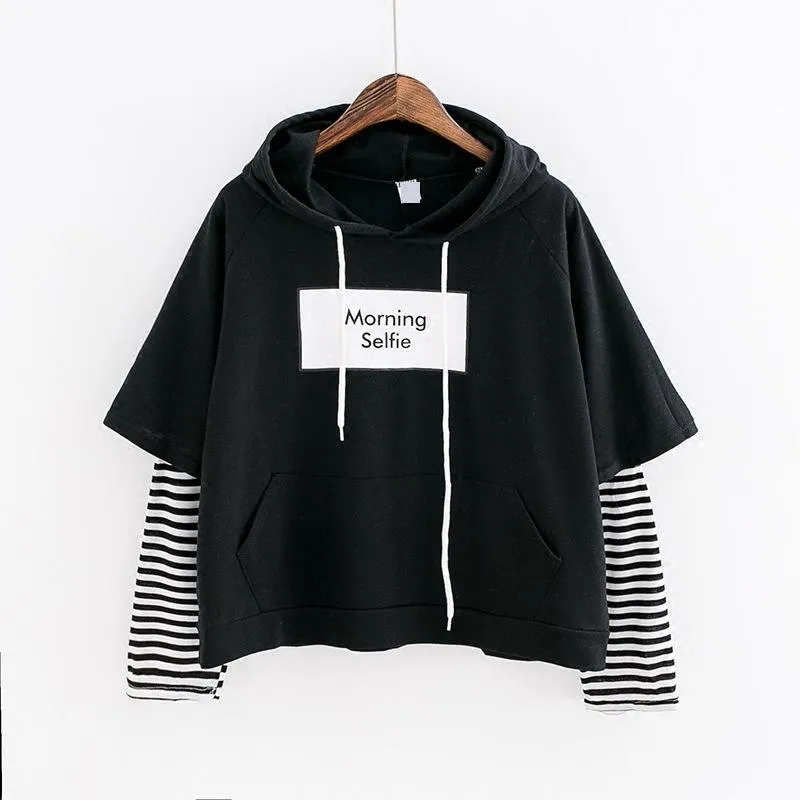 Student False Two-Piece Hooded Pocket Thin Sweatshirt Women Striped Outerwear