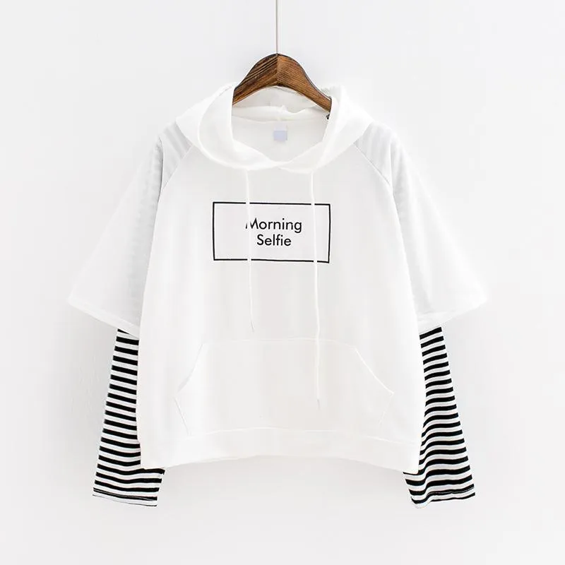 Student False Two-Piece Hooded Pocket Thin Sweatshirt Women Striped Outerwear