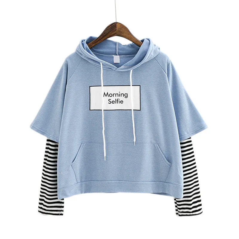 Student False Two-Piece Hooded Pocket Thin Sweatshirt Women Striped Outerwear