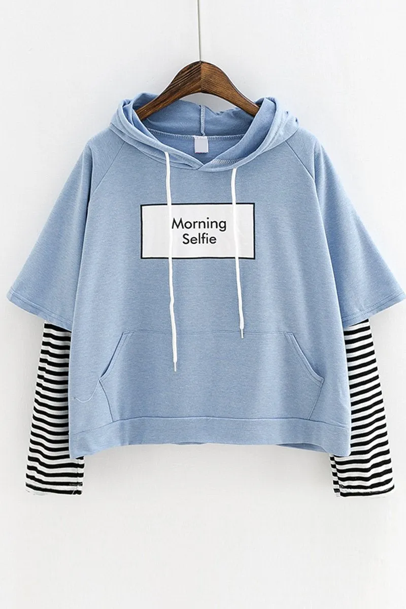 Student False Two-Piece Hooded Pocket Thin Sweatshirt Women Striped Outerwear