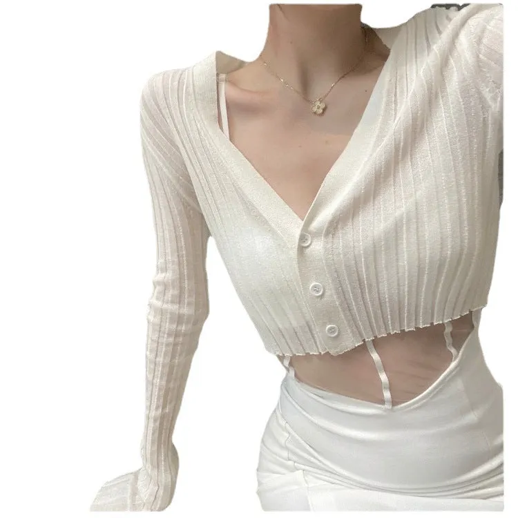 Thin Stretchable Silk Knitted Cardigan Women Summer Korean Short Matching Long Sleeved Tops Outerwear