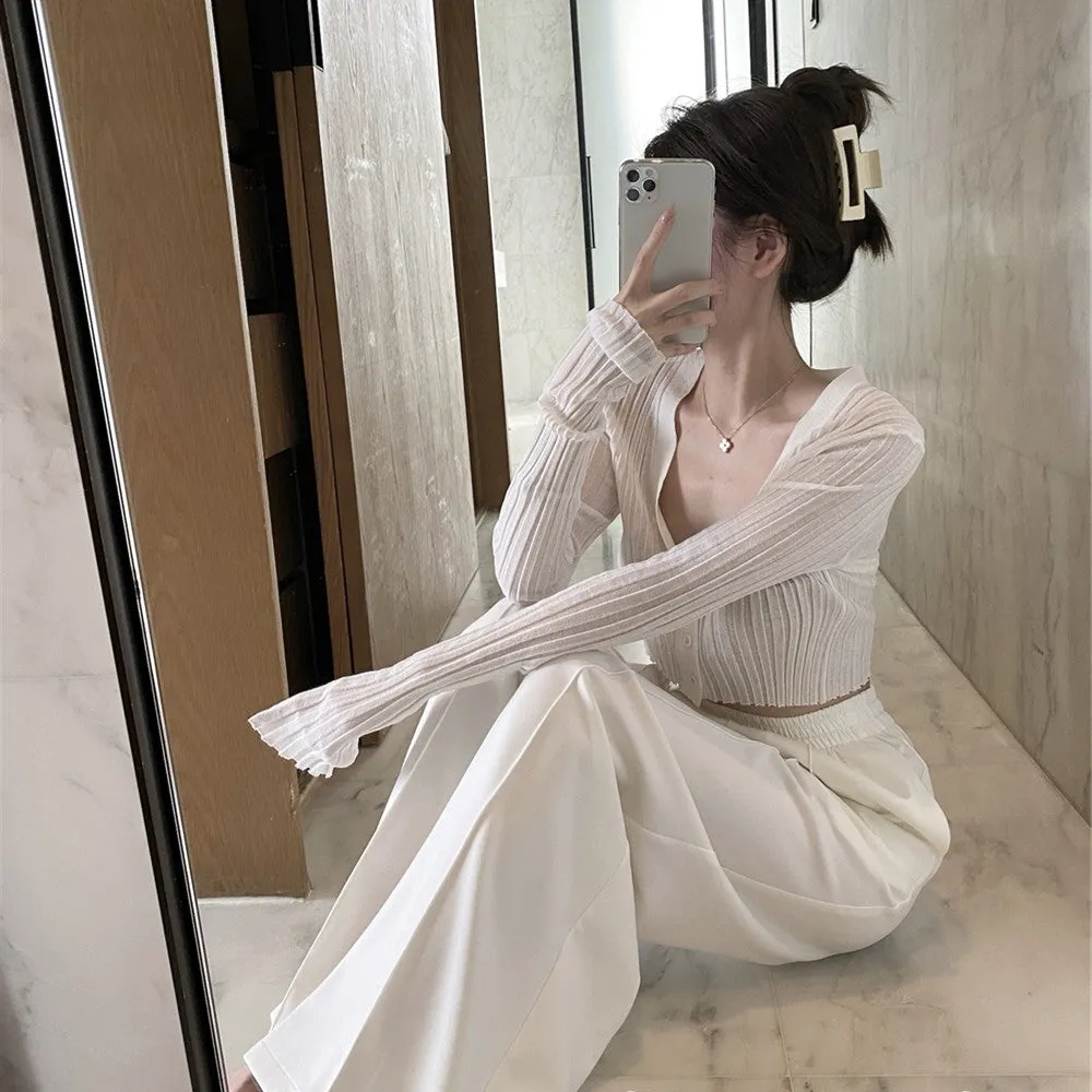 Thin Stretchable Silk Knitted Cardigan Women Summer Korean Short Matching Long Sleeved Tops Outerwear