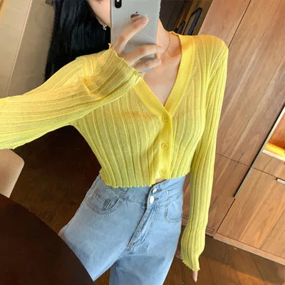 Thin Stretchable Silk Knitted Cardigan Women Summer Korean Short Matching Long Sleeved Tops Outerwear