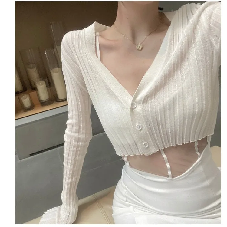 Thin Stretchable Silk Knitted Cardigan Women Summer Korean Short Matching Long Sleeved Tops Outerwear