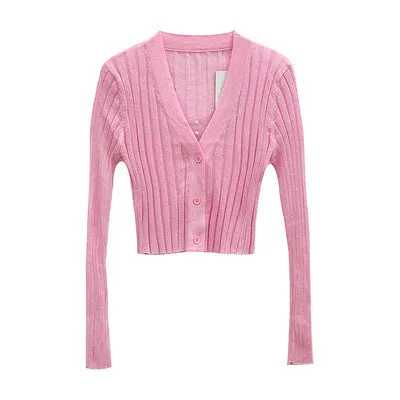 Thin Stretchable Silk Knitted Cardigan Women Summer Korean Short Matching Long Sleeved Tops Outerwear