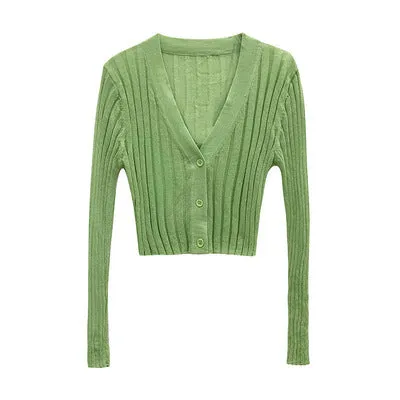 Thin Stretchable Silk Knitted Cardigan Women Summer Korean Short Matching Long Sleeved Tops Outerwear