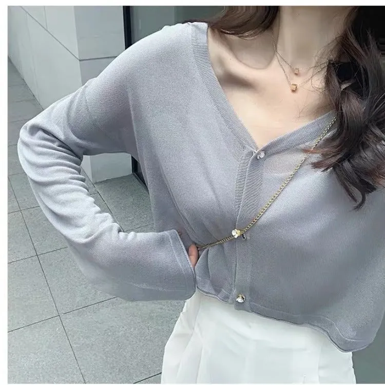 Thin Stretchable Silk Knitted Cardigan Women Summer Korean Short Matching Long Sleeved Tops Outerwear