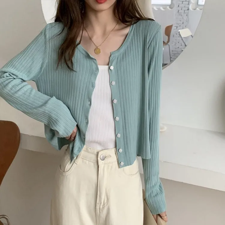 Thin Stretchable Silk Knitted Cardigan Women Summer Korean Short Matching Long Sleeved Tops Outerwear