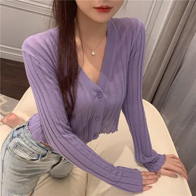 Thin Stretchable Silk Knitted Cardigan Women Summer Korean Short Matching Long Sleeved Tops Outerwear