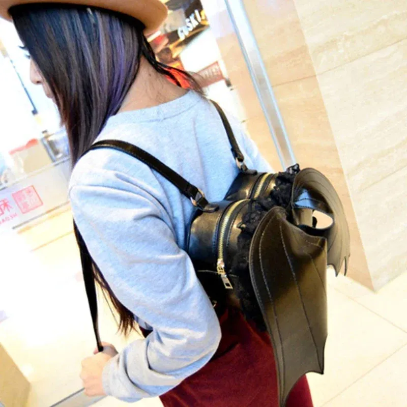 Trendy Daypack Bat PU Shopping Dating Lace Wing Gothic Backpack Bag