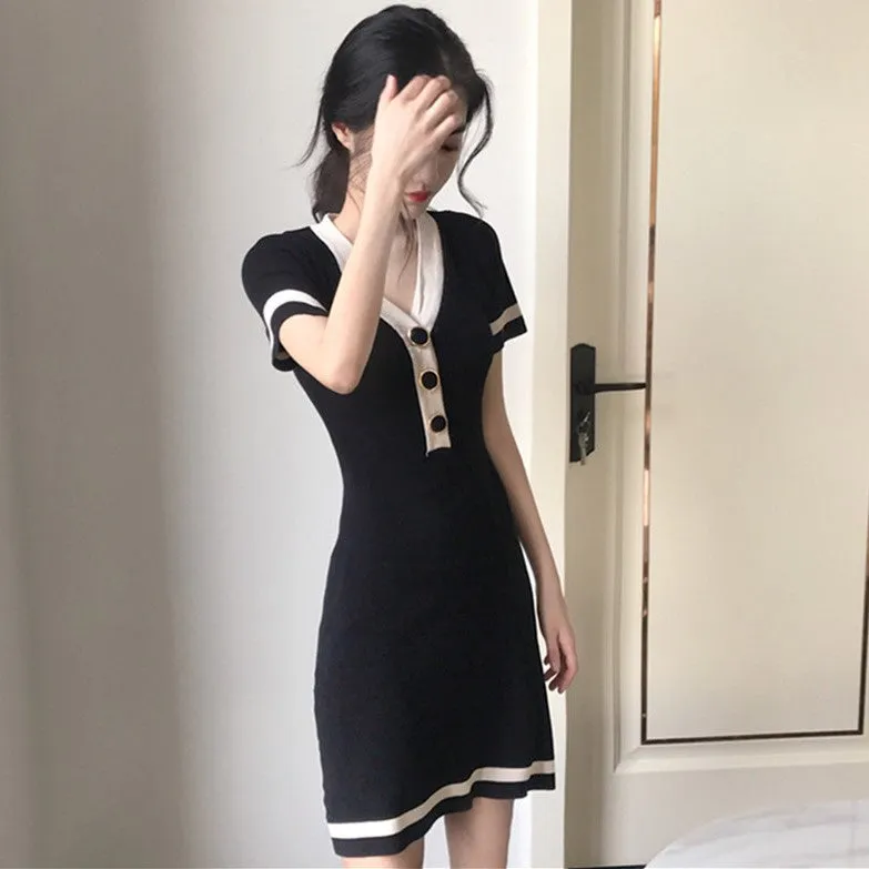 V-neck short-sleeved knit dress KF2356