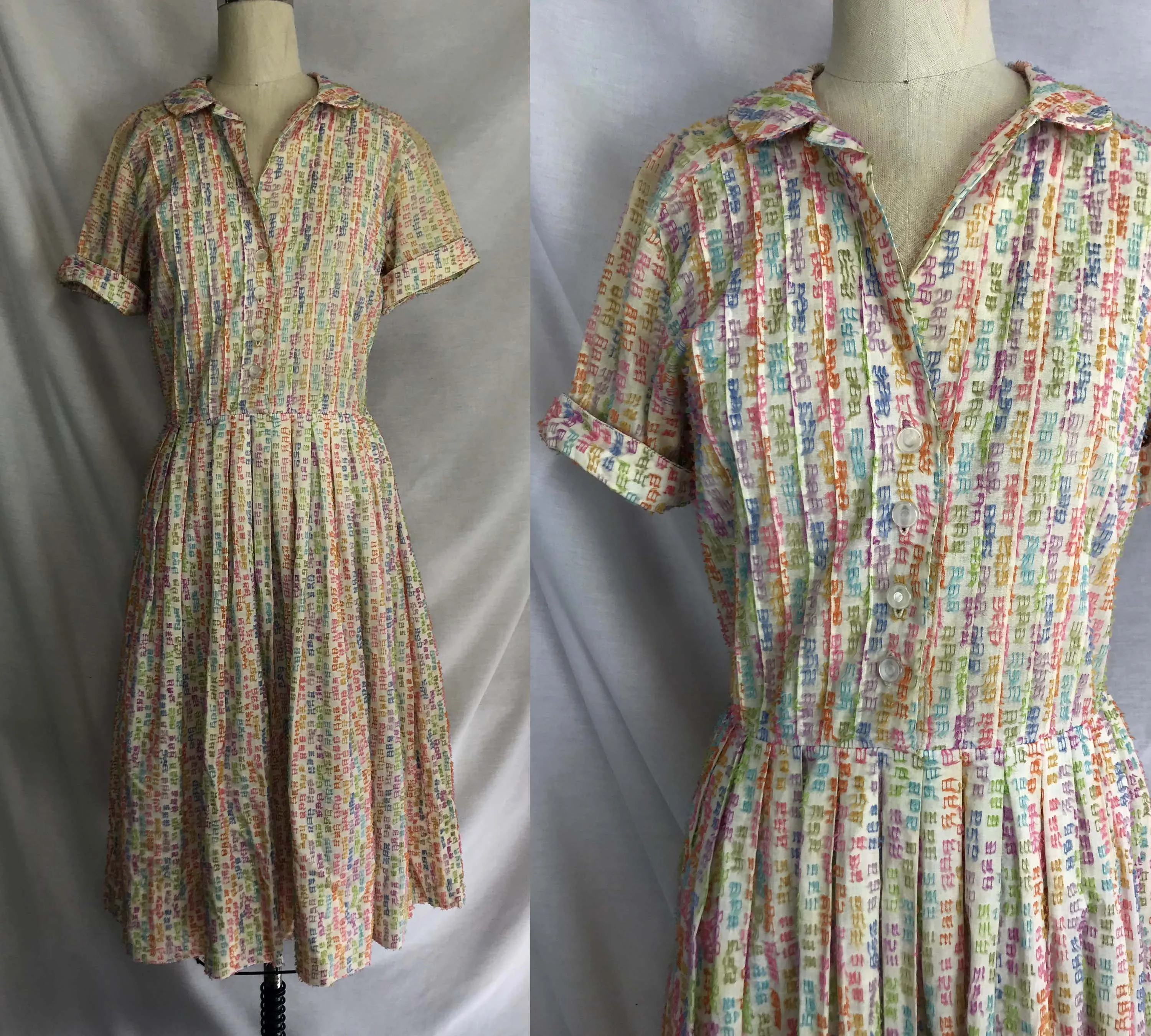 Vintage 50s 1950s | Pastel Rainbow Fit and Flare Pin Up Cotton Day Dress | S-M