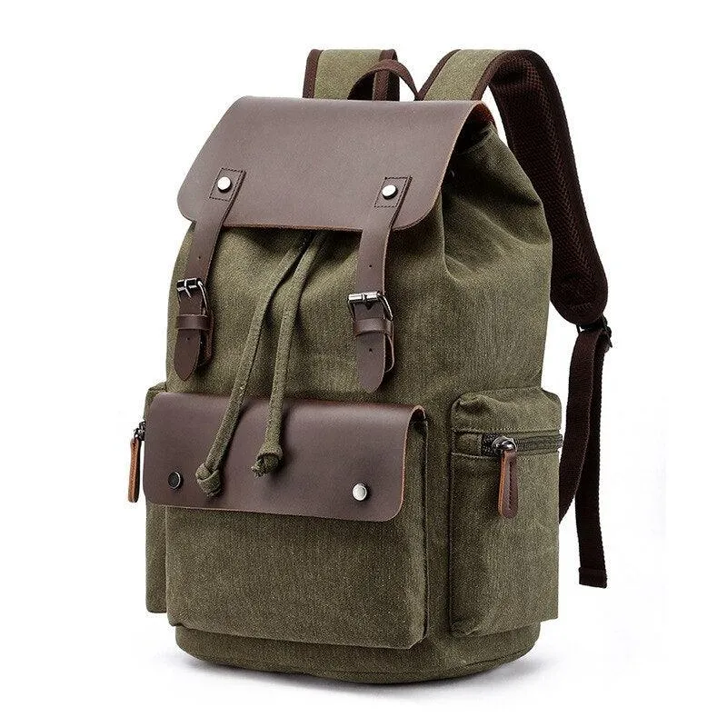 Vintage Canvas Backpack Rucksack Travel Bag W/Cover Flap