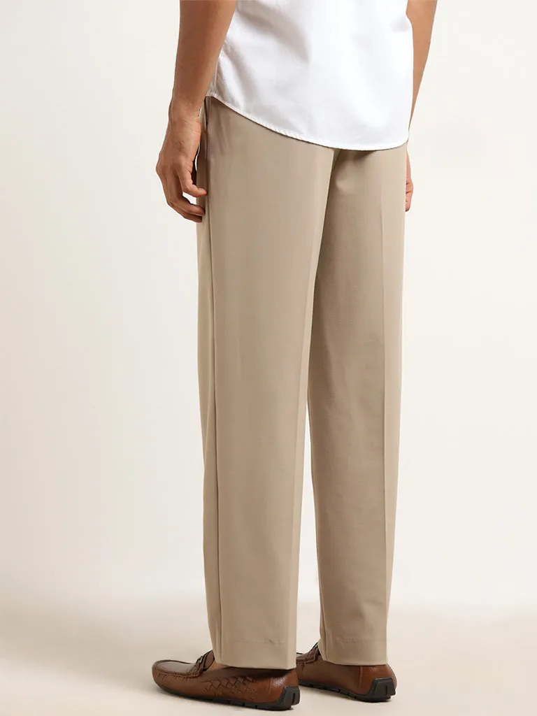 WES Formals Beige Relaxed-Fit Mid-Rise Trousers